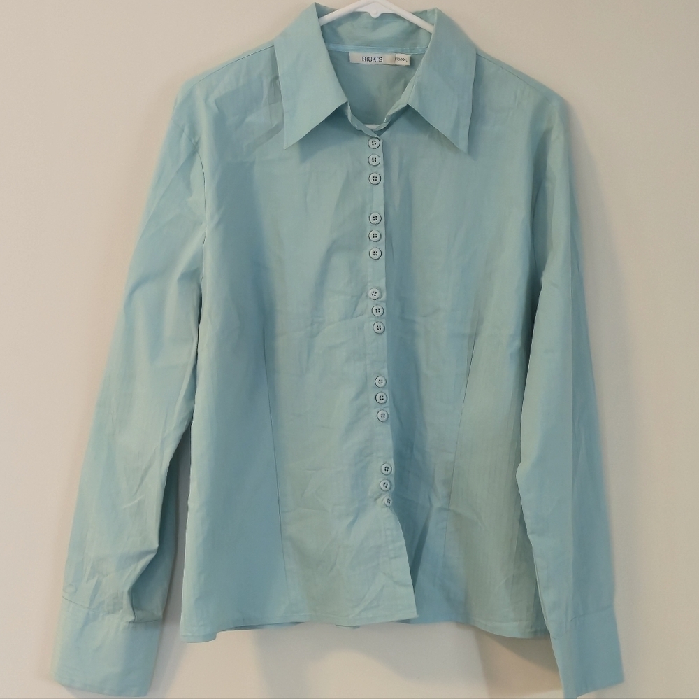 Ricki's XXL Button Up Shirt Aqua Blue Pinstripe Office Career Minimalist Classic
